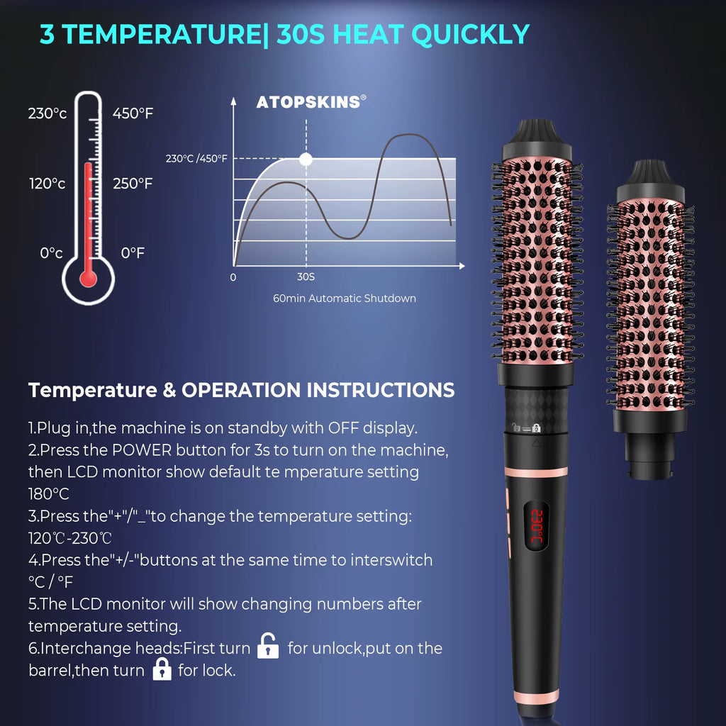 Replaceable Thermal Brush 1.5 Inch Ionic Heated round Brush Creates Blowout Look Thermal round Brush Curling Iron