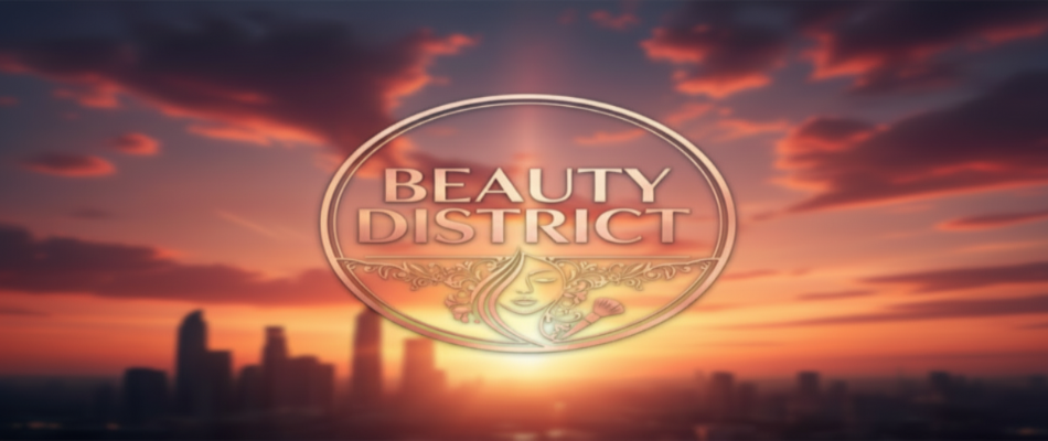 beauty district logo with sunset background 